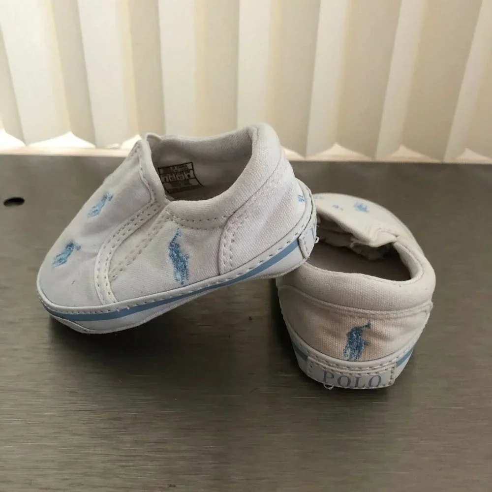 Ralph Lauren Baby Boy Canvas Shoes Slip On White Light Blue Logo Size 2 - Picture 5 of 11